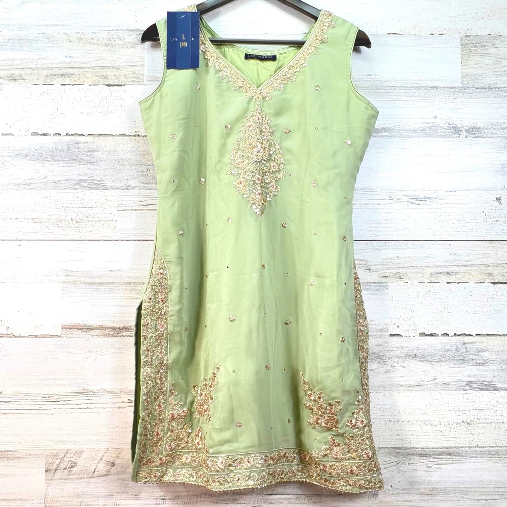 Lashkaraa Women Sage Green‎ Embroidered Sequin Sleeveless Kurti Tunic Size L 40